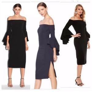 Milly Womens Size 10 Italian Cady Selena Slit Dress Black Midi Bell Sleeve NWT